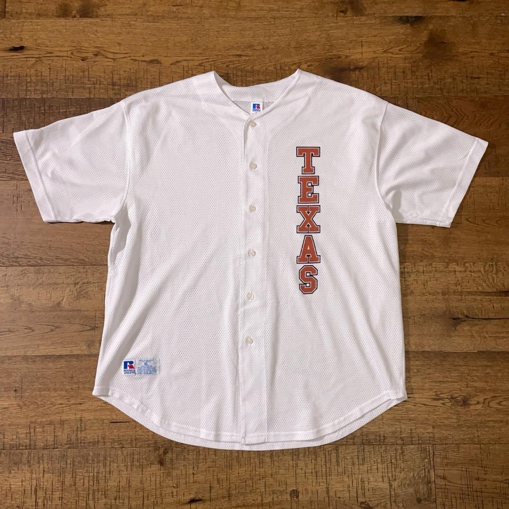 Russell Athletic Baseball Jersey Mens XL White Y2K Texas Longhorns Mesh Varsity